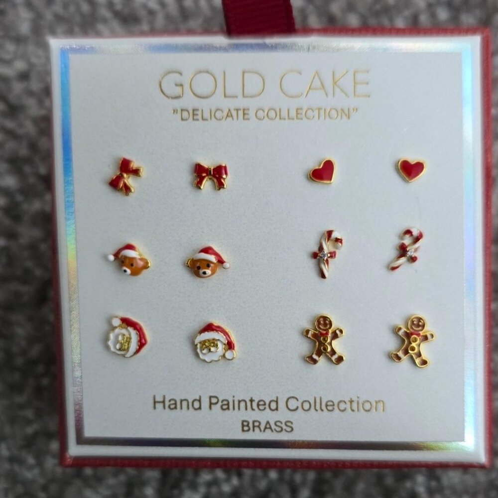 GOLD Cake Christmas Theme Sterling Silver Earrings Set, 5Pairs